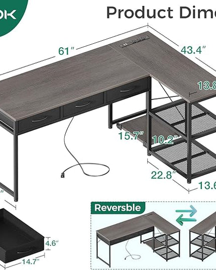 AODK 61 Inch L Shaped Computer Desk with Drawers, Corner Desk with Power Outlets & Reversible Storage Shelves, Movable CPU Stand for Home Office Gaming, Oak Grey - LeafyLoom