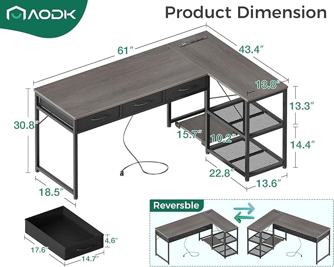 AODK 61 Inch L Shaped Computer Desk with Drawers, Corner Desk with Power Outlets & Reversible Storage Shelves, Movable CPU Stand for Home Office Gaming, Oak Grey - LeafyLoom