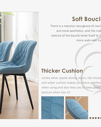 YOUNUOKE Comfortable Dining Chairs Set of 2, Mid-Century Modern Kitchen Dining Room Chairs, Upholstered Backrest Boucle Dining Chair with Black Metal, Sky Blue - LeafyLoom
