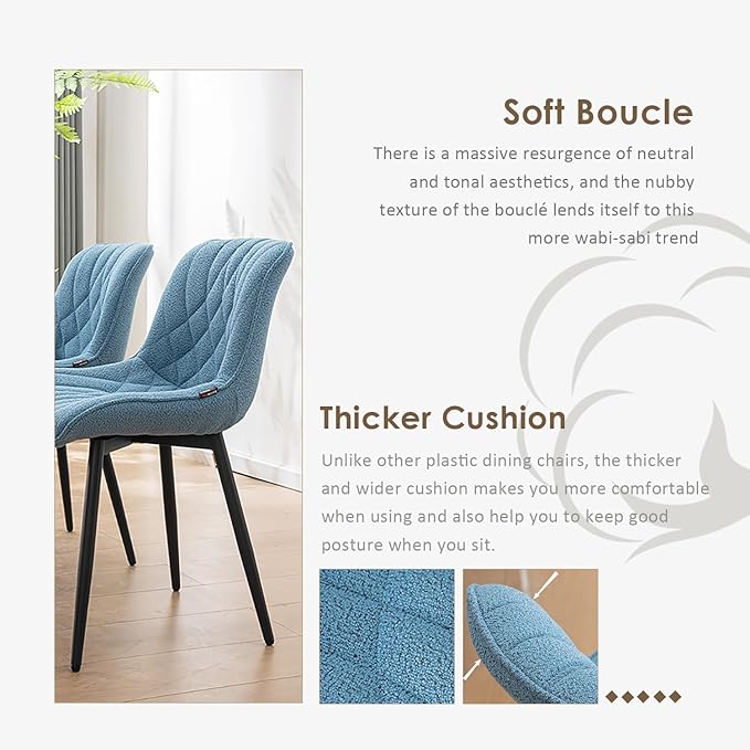 YOUNUOKE Comfortable Dining Chairs Set of 2, Mid-Century Modern Kitchen Dining Room Chairs, Upholstered Backrest Boucle Dining Chair with Black Metal, Sky Blue - LeafyLoom
