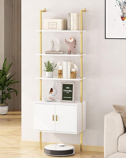 Gadroad Ladder Bookshef with Cabinet, Wall Mounted Bookcases, 5 Tier Tall Open Display Rack, 73" Metal Industrial Bookshelf, Storage Shelves for Livingroom, Home Office, Gold - LeafyLoom