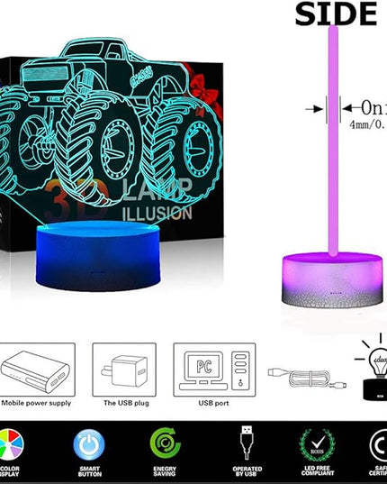 3D Lamp for Child Monster Truck Series Nightlamp Bedside Lamps 7 Colors Illusion for Child Night Light Lamps for Child Room Lamp As Gift Ideas for Boys or Kids - LeafyLoom