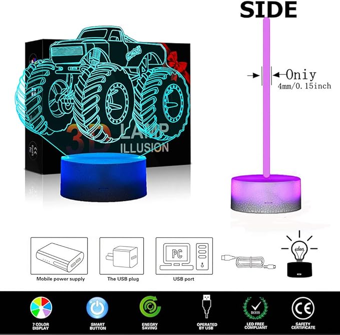 3D Lamp for Child Monster Truck Series Nightlamp Bedside Lamps 7 Colors Illusion for Child Night Light Lamps for Child Room Lamp As Gift Ideas for Boys or Kids - LeafyLoom
