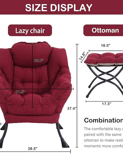LITA Lazy Chair with Ottoman, Modern Accent Leisure Upholstered Sofa Chair, Contemporary Lounge Reading Chair with Armrests and a Side Pocket for Living Room, Bedroom & Small Space, Burgundy - LeafyLoom