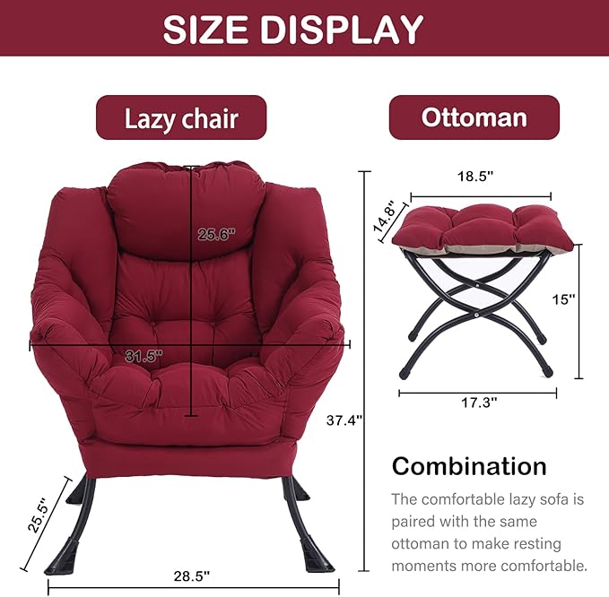 LITA Lazy Chair with Ottoman, Modern Accent Leisure Upholstered Sofa Chair, Contemporary Lounge Reading Chair with Armrests and a Side Pocket for Living Room, Bedroom & Small Space, Burgundy - LeafyLoom