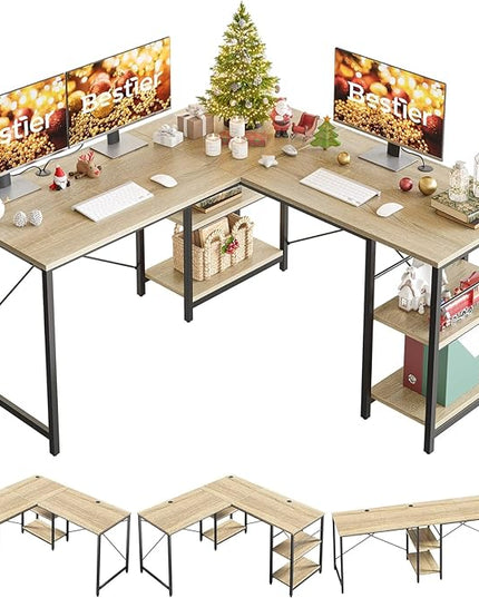 Bestier 95.2” L Shaped Desk, Reversible Corner Computer Desk or 2 Person Long Table with Adjustable Shelves, Large Writing Study Workstation with 3 Cable Holes - Oak - LeafyLoom