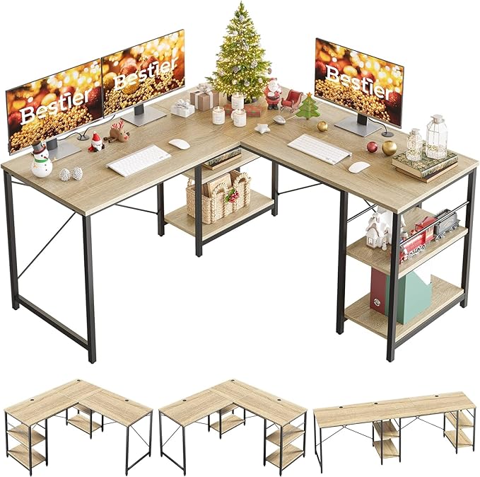 Bestier 95.2” L Shaped Desk, Reversible Corner Computer Desk or 2 Person Long Table with Adjustable Shelves, Large Writing Study Workstation with 3 Cable Holes - Oak - LeafyLoom