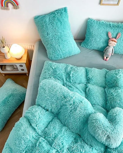 Faux Fur Kids Girls Sky Blue Comforter Sets Queen - 3PC Bed Set Warm Comfortable Soft Plush Flannel Velvet Fluffy Fuzzy Bedding（Comforter x 1 Pillowcases x 2） - LeafyLoom