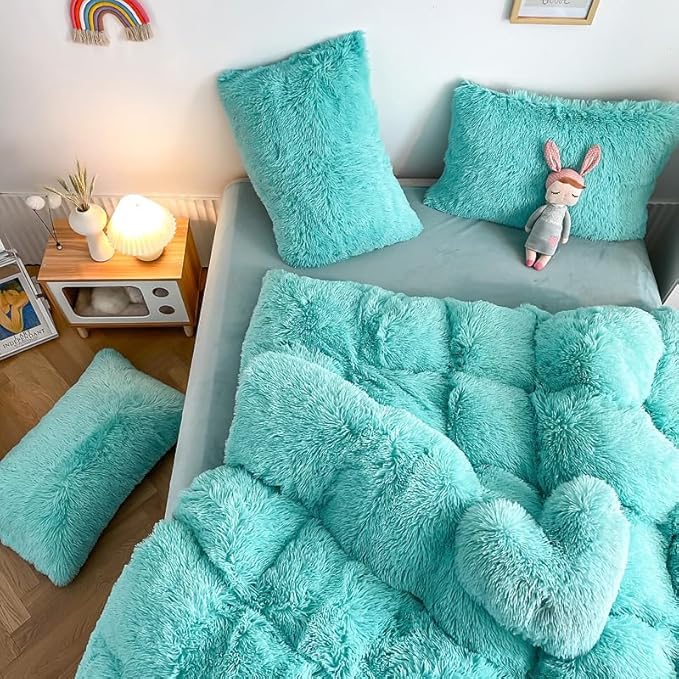 Faux Fur Kids Girls Sky Blue Comforter Sets Queen - 3PC Bed Set Warm Comfortable Soft Plush Flannel Velvet Fluffy Fuzzy Bedding（Comforter x 1 Pillowcases x 2） - LeafyLoom
