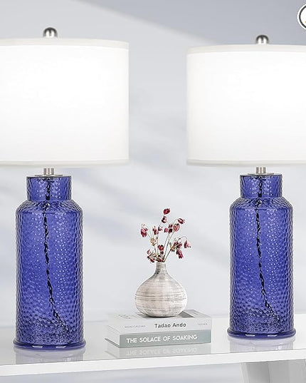 TOBUSA Blue Glass Table Lamps for Bedroom Set of 2, Modern Bedside Glass Lamps with White Linen Lampshades, Nightstand Blue Table Lamps for Living Room End Table Desk, Easy Rotary Switch, No E26 Bulbs - LeafyLoom