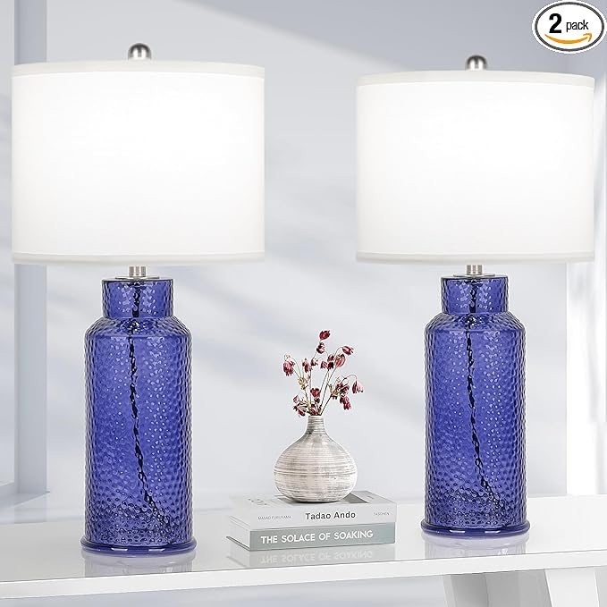 TOBUSA Blue Glass Table Lamps for Bedroom Set of 2, Modern Bedside Glass Lamps with White Linen Lampshades, Nightstand Blue Table Lamps for Living Room End Table Desk, Easy Rotary Switch, No E26 Bulbs - LeafyLoom