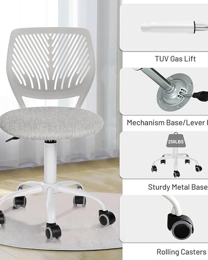 FurnitureR Desk Chair Armless, Study Computer Chair Adjustable Swivel for Student Children Kids, Comfy Cute Home Office Chair Fabric Seating Cushion and Plastic Low-Back with Rolling Wheels, Grey - LeafyLoom