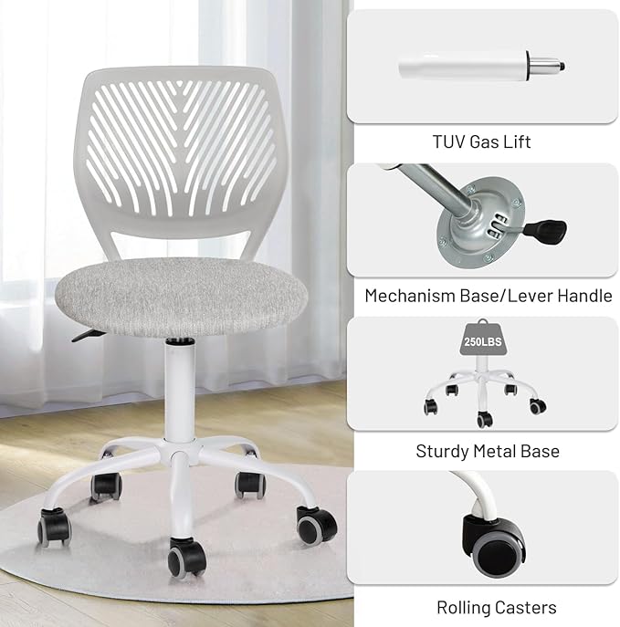 FurnitureR Desk Chair Armless, Study Computer Chair Adjustable Swivel for Student Children Kids, Comfy Cute Home Office Chair Fabric Seating Cushion and Plastic Low-Back with Rolling Wheels, Grey - LeafyLoom