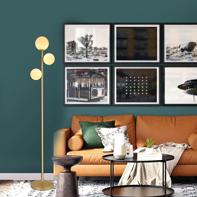 3 Globe Moon Floor Lamp for Living Room, Modern Gold Floor Lamp with 3D Printing Frosted Shade and LED Bulb, Mid Century Standing Lamp, 67" Metal Tall Pole Lamp for Bedroom Girls Room, Dresser, Office - LeafyLoom