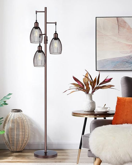 Dimmable Floor Lamp, Industrial Floor Lamps for Living Room, Brown Tree Lamp Standing Lamp Tall Lamps with 3 Elegant Teardrop Cage Head & 800 Lumens LED Bulbs for Living Room Bedroom Office - LeafyLoom