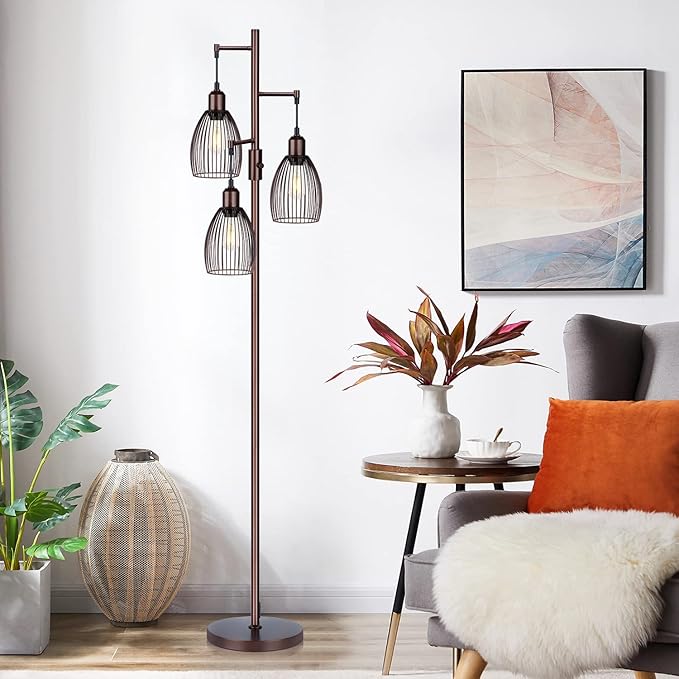 Dimmable Floor Lamp, Industrial Floor Lamps for Living Room, Brown Tree Lamp Standing Lamp Tall Lamps with 3 Elegant Teardrop Cage Head & 800 Lumens LED Bulbs for Living Room Bedroom Office - LeafyLoom