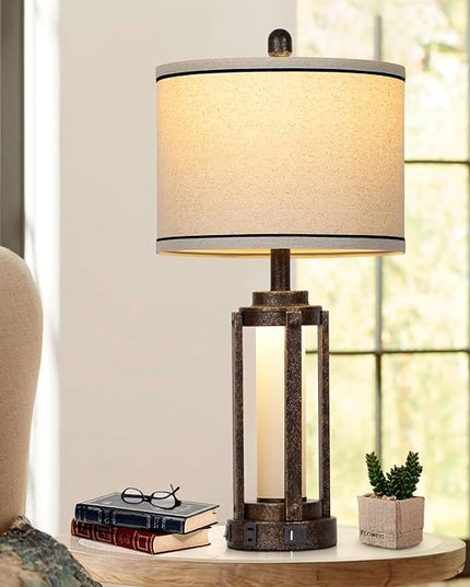 26" Farmhouse Table Lamps Set of 2, Vintage Rustic Industrial Beside Lamps with USB A+C Charging Ports & AC Outlet, Nightstand Lamp with Glass Night Light & Linen Fabric Shade for Living Room Bedrooms - LeafyLoom