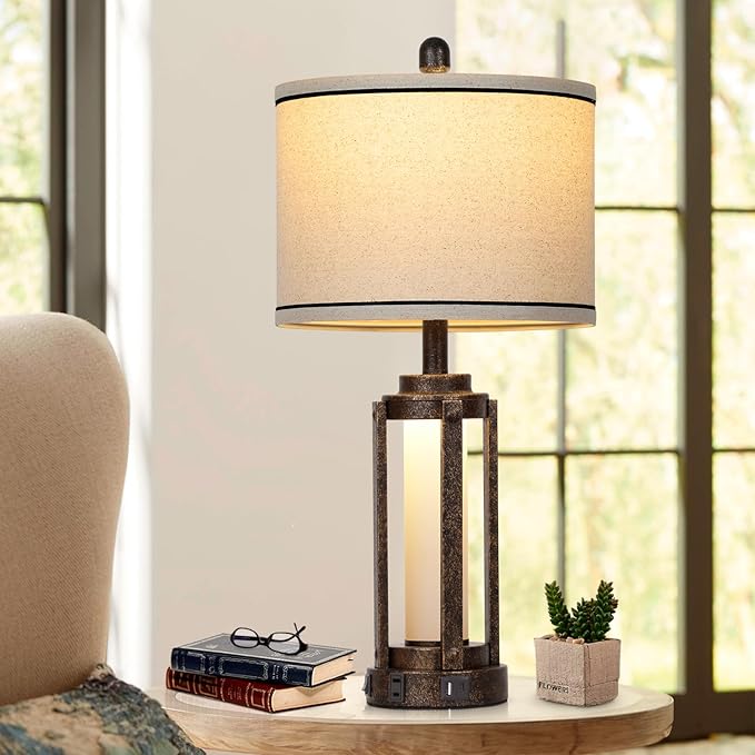 26" Farmhouse Table Lamps Set of 2, Vintage Rustic Industrial Beside Lamps with USB A+C Charging Ports & AC Outlet, Nightstand Lamp with Glass Night Light & Linen Fabric Shade for Living Room Bedrooms - LeafyLoom