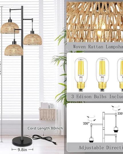 Floor Lamp for Living Room,Bedroom,3-Lights Boho Rattan Floor Lamps,Tree Farmhouse Industrial Black Standing Lamp Wicker Rustic Tall Lamp,Woven Bamboo LampShade Floor Light Bohemian - LeafyLoom