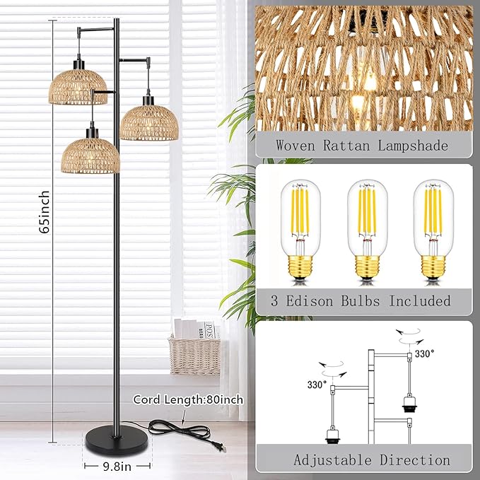 Floor Lamp for Living Room,Bedroom,3-Lights Boho Rattan Floor Lamps,Tree Farmhouse Industrial Black Standing Lamp Wicker Rustic Tall Lamp,Woven Bamboo LampShade Floor Light Bohemian - LeafyLoom