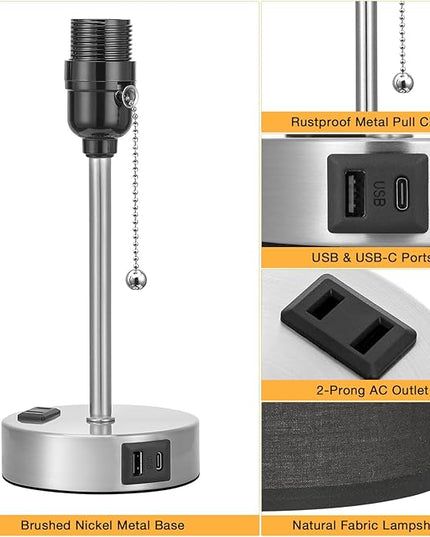 Dicoool Black Table Lamp for Bedroom - 3 Color Temperature Bedside Lamp with USB C and A Ports, Pull Chain Lamp for Bedroom with AC Outlet, Nightstand Lamp with Silver Metal Base for Kids Boys - LeafyLoom
