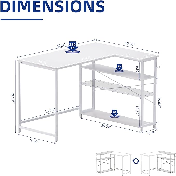 Pamray 43 Inch L Shaped Computer Desk with Reversible Side Storage Shelves, Small Corner Desk for Small Space Home Office,Writing Study Table PC Desk for Bedroom,White - LeafyLoom