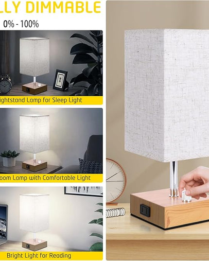 Small Bedside Lamps Set of 2, Fully Table Lamp for Bedroom Office, Nightstand Lamp with USB C+A Ports & AC Outlet, Square Beige Fabric Shade Wood Grain Metal Base(LED Blubs Included) - LeafyLoom