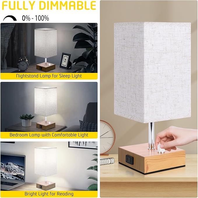 Small Bedside Lamps Set of 2, Fully Table Lamp for Bedroom Office, Nightstand Lamp with USB C+A Ports & AC Outlet, Square Beige Fabric Shade Wood Grain Metal Base(LED Blubs Included) - LeafyLoom
