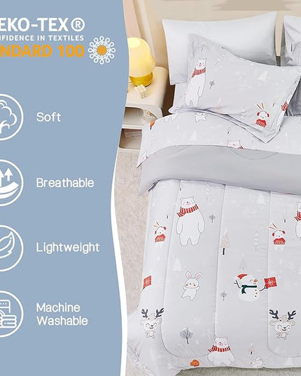 Kids Christmas Comforter Set Full for Boys Girls, Cute Reversible Quilted Bear Snowmen Reindeer Bunny Printed Bedding Set with Pillow Sham, Lightweight Soft Breathable Washable Bed Set 3 Piece - LeafyLoom