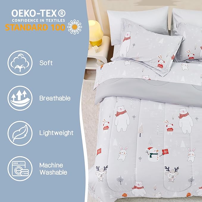 Kids Christmas Comforter Set Twin for Boys Girls, Cute Reversible Quilted Bear Snowmen Reindeer Bunny Printed Bedding Set with Pillow Sham, Lightweight Soft Breathable Washable Bed Set 2 Piece - LeafyLoom