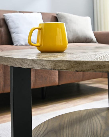 33.5" Round Coffee Table with 2-Tier Storage, Farmhouse Living Room Cocktail Table with Black Metal Leg, Solid Wood Industrial Sofa Center Table,Easy Assembly, Rustic Natural KFZ1338 - LeafyLoom