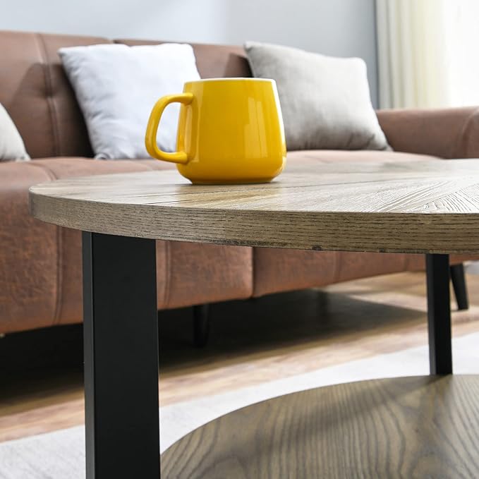 33.5" Round Coffee Table with 2-Tier Storage, Farmhouse Living Room Cocktail Table with Black Metal Leg, Solid Wood Industrial Sofa Center Table,Easy Assembly, Rustic Natural KFZ1338 - LeafyLoom
