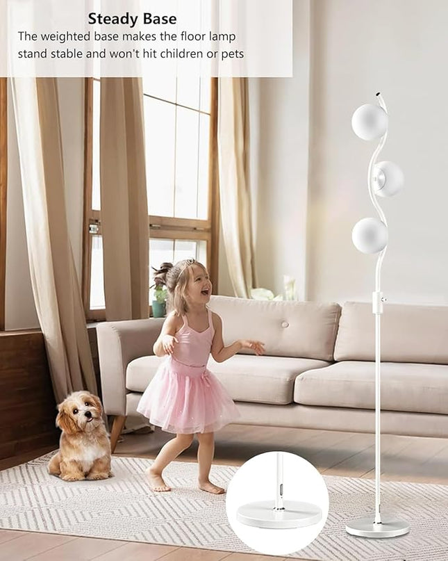 Lightdot 60IN Dimmable (Brightness Adjustable) White Floor Lamp, Mid Century Standing Lamps with 3 Globe Soft Warm White Eye Care 3000K Bulbs Included, Modern Tall Lamp for Bedroom Office - LeafyLoom