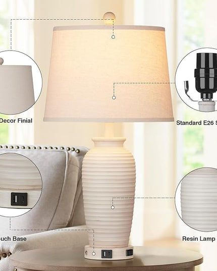 25" Farmhouse Jar Table Lamps Set of 2, 3 Way Touch Control Rustic Bedside Lamps with USB A+C Ports & AC Outlet, Pot Nightstand Lamps for Bedroom Living Room (LED Bulbs Included) - LeafyLoom