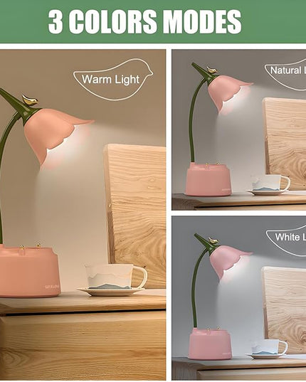 Cute LED Desk Lamp Kawaii Desk Accessories, Flower Bird Table lamp USB Rechargeable, 3 Color Modes, Stepless Dimming, Touch-Sensitive Switch Kawaii Room Decor Lamp, Eye Caring Reading Lamp (Green) - LeafyLoom