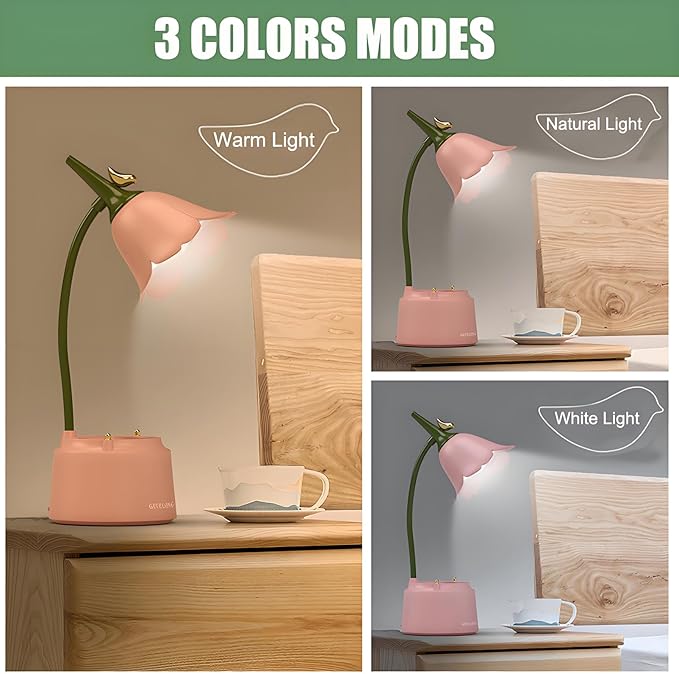 Cute LED Desk Lamp Kawaii Desk Accessories, Flower Bird Table lamp USB Rechargeable, 3 Color Modes, Stepless Dimming, Touch-Sensitive Switch Kawaii Room Decor Lamp, Eye Caring Reading Lamp (Green) - LeafyLoom