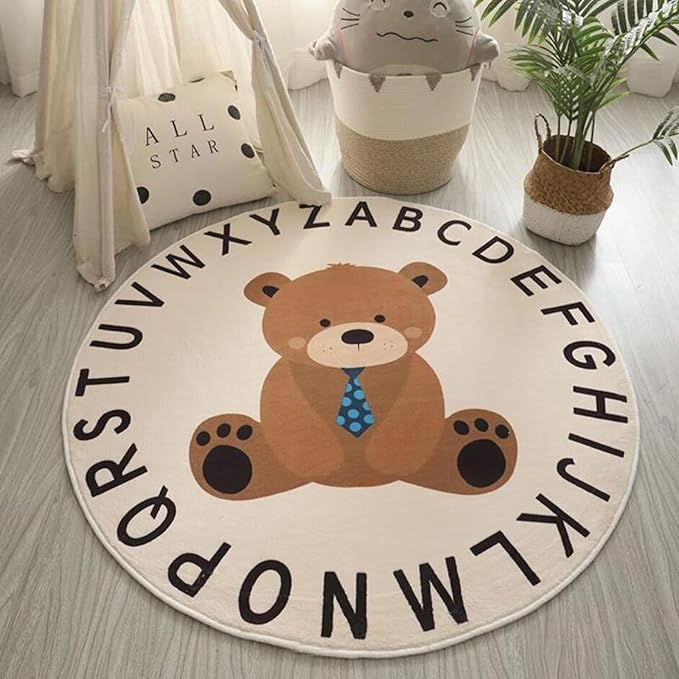 ABC Round Rug for Kids Warm and Soft Alphabet Nursery Animal Area Rugs Fun Rugs for Play Rooms Non-Slip Mats Crawling Mats Decorative Rugs for Bedrooms Living Rooms (Bear, 31in) - LeafyLoom