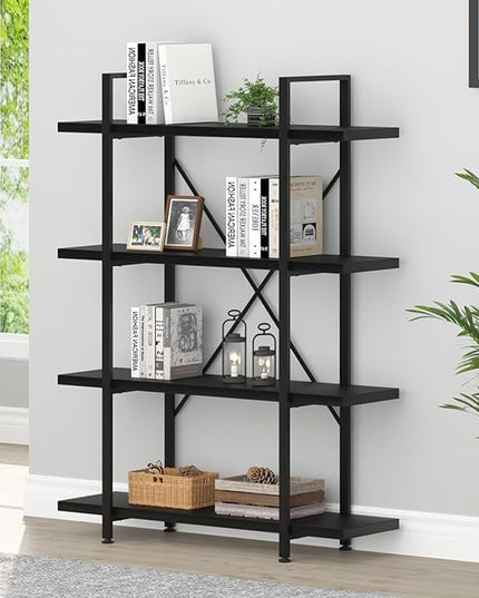 HSH 4 Tier Black Bookshelf, Industrial Metal Wood Storage Book Shelves, Modern Open 4 Shelf Bookcase and Display Etagere, Vertical Book Shelf for Bedroom Living Room Office - LeafyLoom