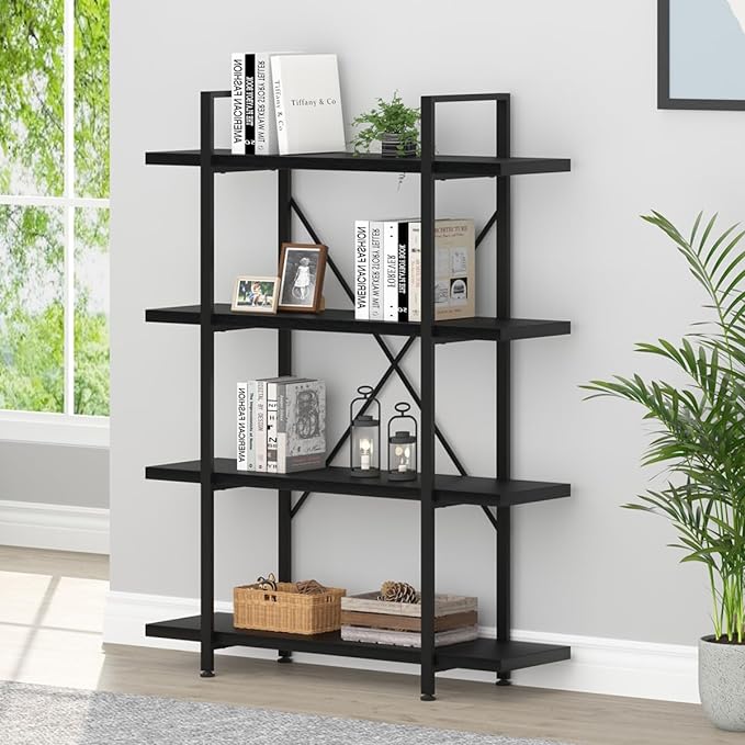 HSH 4 Tier Black Bookshelf, Industrial Metal Wood Storage Book Shelves, Modern Open 4 Shelf Bookcase and Display Etagere, Vertical Book Shelf for Bedroom Living Room Office - LeafyLoom