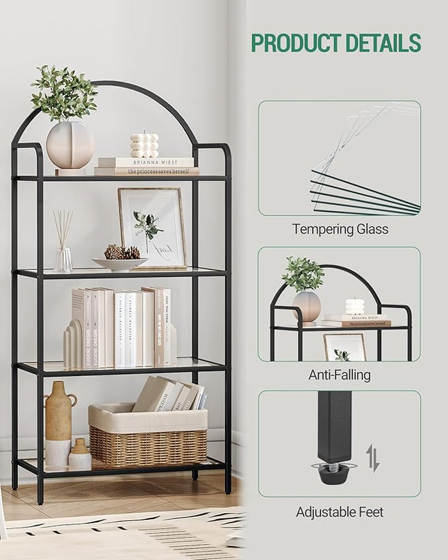Bookcase Bookshelf, Tempered Glass Bookshelves, Slim Shelving Unit for Bedroom, Bathroom, Home Office, Steel Frame, 4 Tier Black BC21499B - LeafyLoom