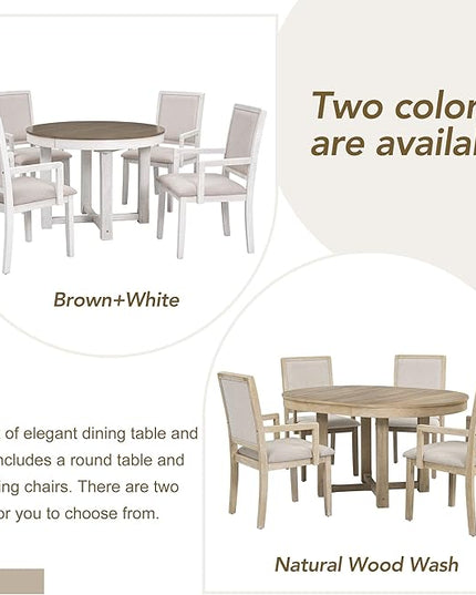 RITSU Farmhouse 5 Piece Dining Set, Included Round Extendable Wooden Table and 4 Upholstered Chairs, Retro Adjustable Dinette Furniture for Kitchen Living Room, Brown+White - LeafyLoom