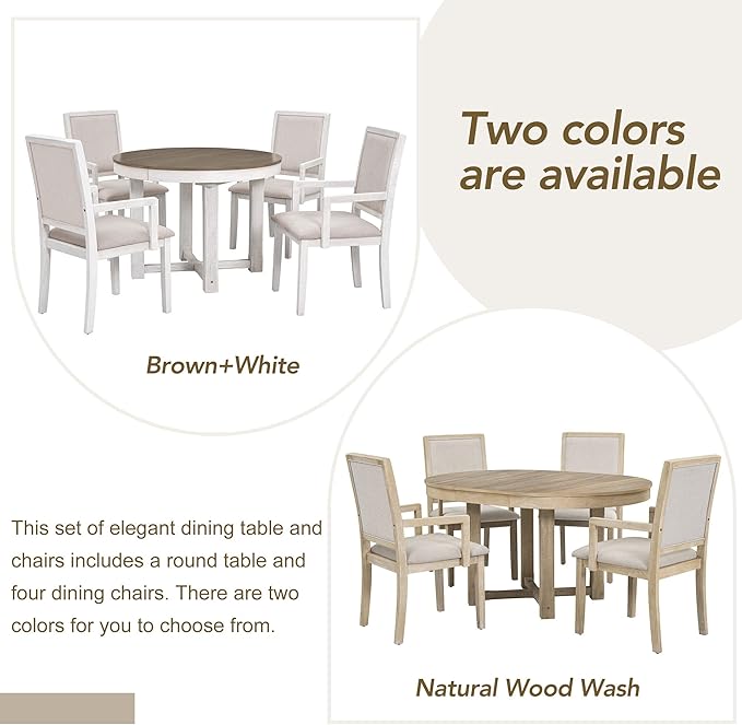 RITSU Farmhouse 5 Piece Dining Set, Included Round Extendable Wooden Table and 4 Upholstered Chairs, Retro Adjustable Dinette Furniture for Kitchen Living Room, Brown+White - LeafyLoom
