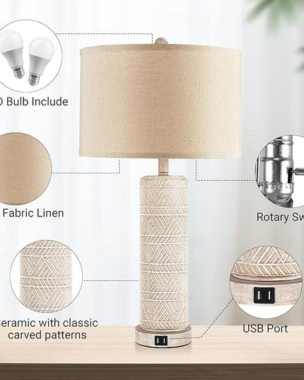 Set of 2 Contemporary Table Lamp, Ceramic Bedside Lamps with 3 Color Temperature, 27.5'' Nightstand Lamp Sets with USB Ports Linen Fabric Shade End Table Lamps for Living Room Bedroom, Bulb Included - LeafyLoom