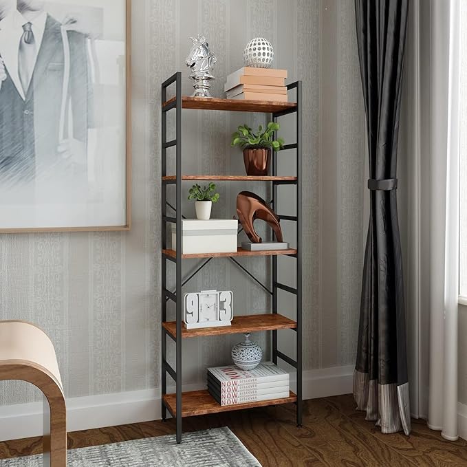 5 Tier Tall BookShelf,Bookcase with Steel Frame,Home Office Modern Bookcase Shelf for Bedroom/Living Room/Home Office - Rustic Brown Storage Rack for Books,Garage Kit, CDs and Movies - LeafyLoom