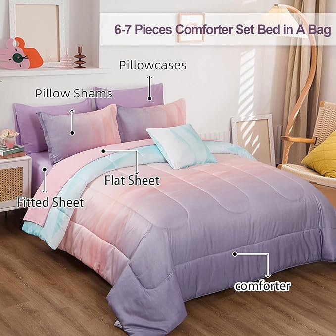 Girls Comforter Set Queen Size Colorful Ombre Blue Pink Purple Rainbow Bedding Set 7 Pieces Bed in A Bag for Kids Teen Girls Women with Comforter, Flat Sheet, Fitted Sheet - LeafyLoom