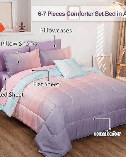 Girls Comforter Set Twin Size Colorful Ombre Blue Pink Purple Rainbow Bedding Set 6 Pieces Bed in A Bag for Kid Teen (1 Comforter, 1 Flat Sheet, 1 Fitted Sheet, 1 Pillow sham, 2 Pillowcases) - LeafyLoom