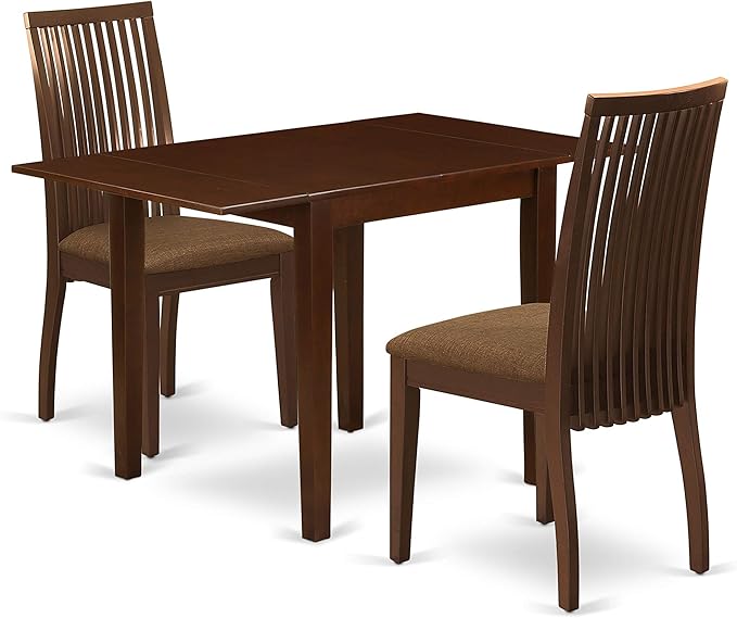 East West Furniture NDIP3-MAH-C Norden 3 Piece Set Contains a Rectangle Dining Room Table with Dropleaf and 2 Linen Fabric Upholstered Chairs, 30x48 Inch, Mahogany - LeafyLoom