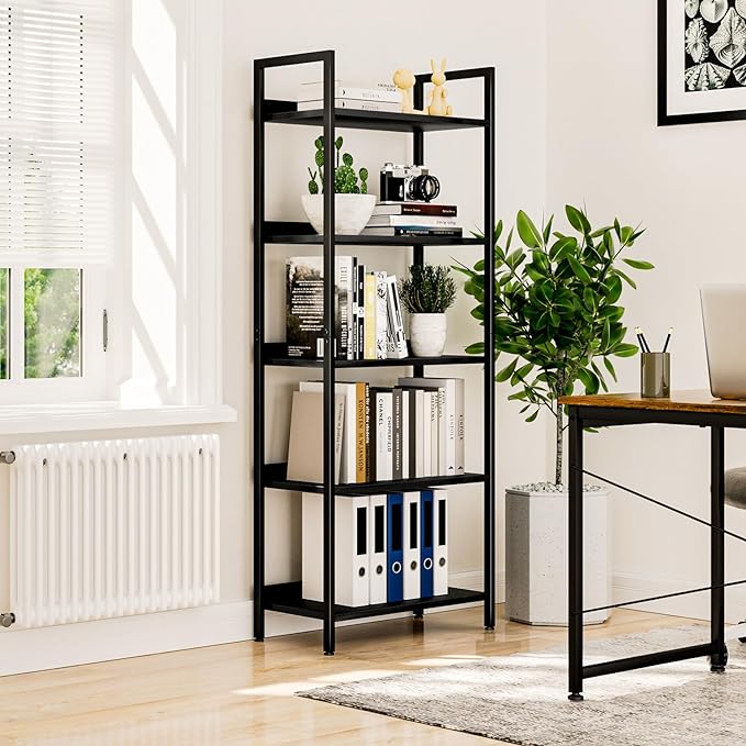 NUMENN Bookshelf, 5 Tier Bookshelves, Home Office Bookcase Shelf Storage Organizer, Free Standing Storage Shelving Unit for Bedroom, Living Room and Home Office, Black - LeafyLoom