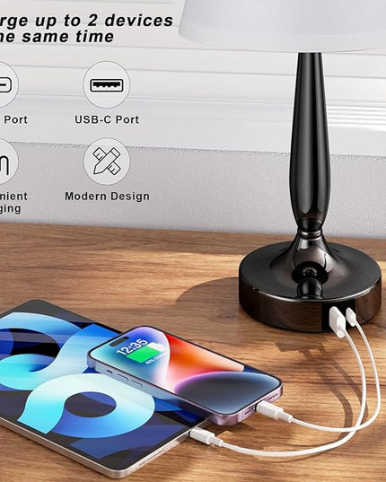 Kakanuo Touch Bedside Lamp for Bedroom with USB C Port, Small Touch Table Lamp with 2 USB Charging Ports, 3 Way Dimmable Nightstand Lamp for Living Room and Office - White (LED Bulb Included) - LeafyLoom