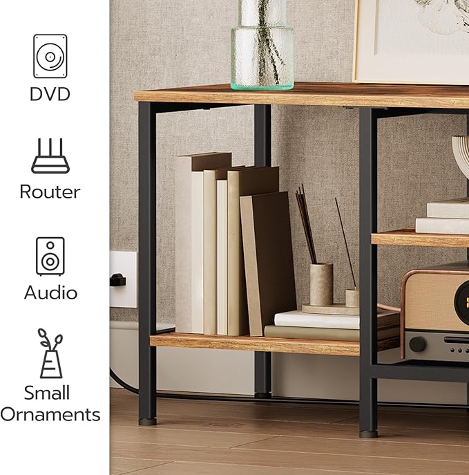 HOOBRO TV Stand with Power Outlets to 65 Inches, TV Console Table with Open Storage Shelves, Industrial Media Entertainment Center for Living Room Bedroom, Rustic Brown and Black BF40DS01 - LeafyLoom